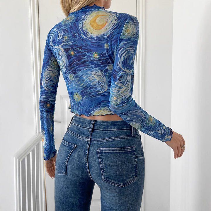 Damen nan eng anliegendes bauchfreies Netzshirt mit Stehkragen und welligem Saum Echo Archiv