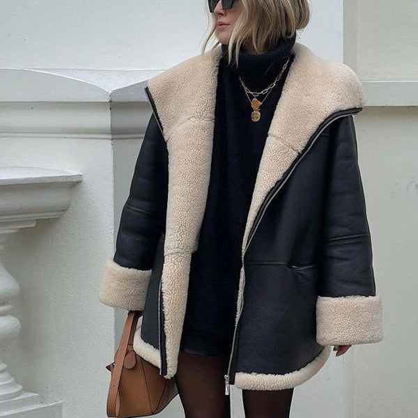 Damen kastiger Kunstleder-Mantelblouson mit voluminösem Teddykragen, wärmendem Sherpa‑Futter und durchgehendem Reißverschluss – Célinea