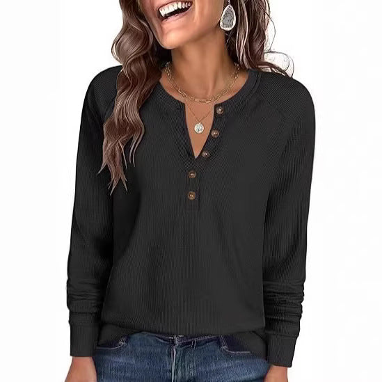 Damen Waffelstrick-Henley-Longsleeve mit Knopfleiste, Raglanärmeln und gerippten Bündchen Echo Archiv