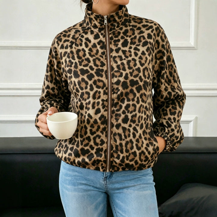 Damen Lockere Bomberjacke im Animal-Print mit Stehkragen und elastischen Bündchen Echoarchiv