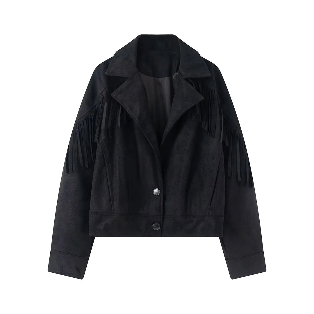 Damen nan kurze Wildlederoptik Fransenjacke mit Reverskragen und verdeckter Knopfleiste Echo Archiv