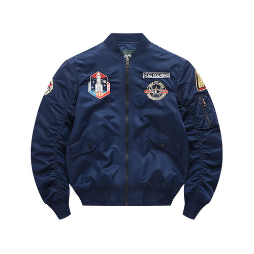 Men's vintage-inspired mission patch flight bomber with utility sleeve pocket – Brevano