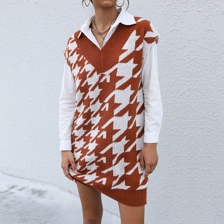 Damen Longline Strick‑Tunikaweste mit Hahnentritt‑Jacquard und tiefem V‑Ausschnitt Echoarchiv