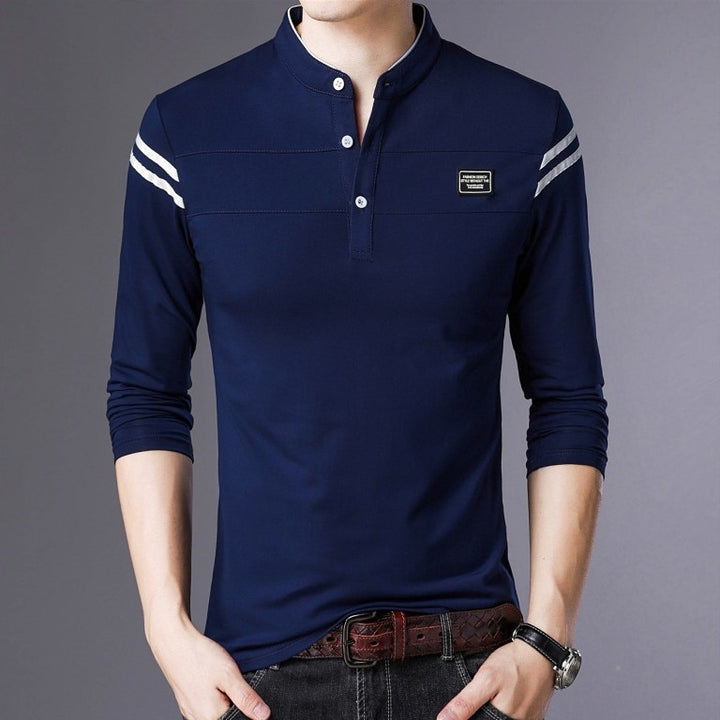 Herren Slim-Fit Langarm-Henley mit Stehkragen und Schulterstreifen Echo Archiv
