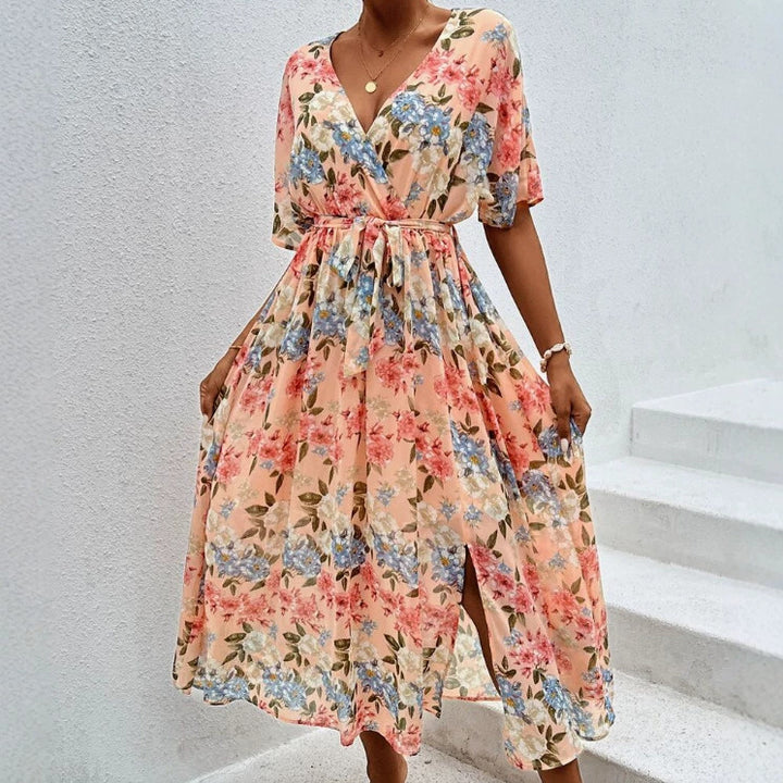 Damen nan florales V-Ausschnitt-Bindekleid mit tailliertem Gürtel und seitlichem Beinschlitz Echo Archiv