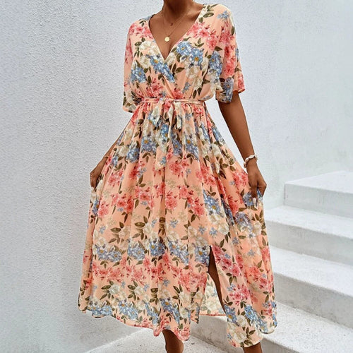 Damen nan florales V-Ausschnitt-Bindekleid mit tailliertem Gürtel und seitlichem Beinschlitz Echo Archiv