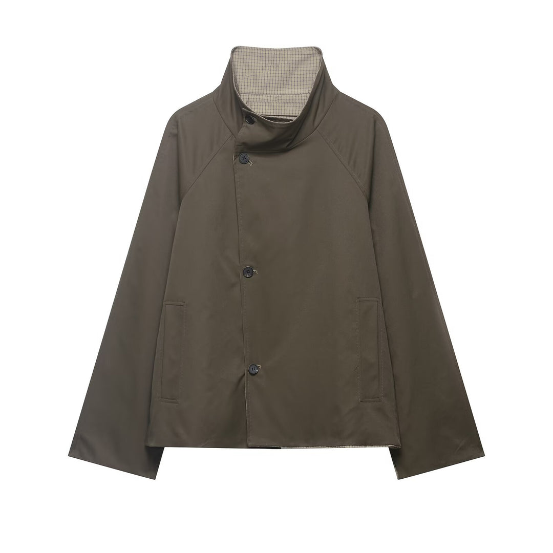 Herren Kurze wasserabweisende Übergangsjacke mit hohem Stehkragen, asymmetrischer Knopfleiste und Raglanärmeln Echo Archiv