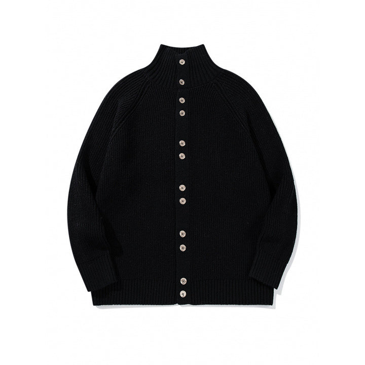 Herren grobgestrickter Knopfcardigan mit hohem Rollkragen und Raglanärmeln Echo Archiv