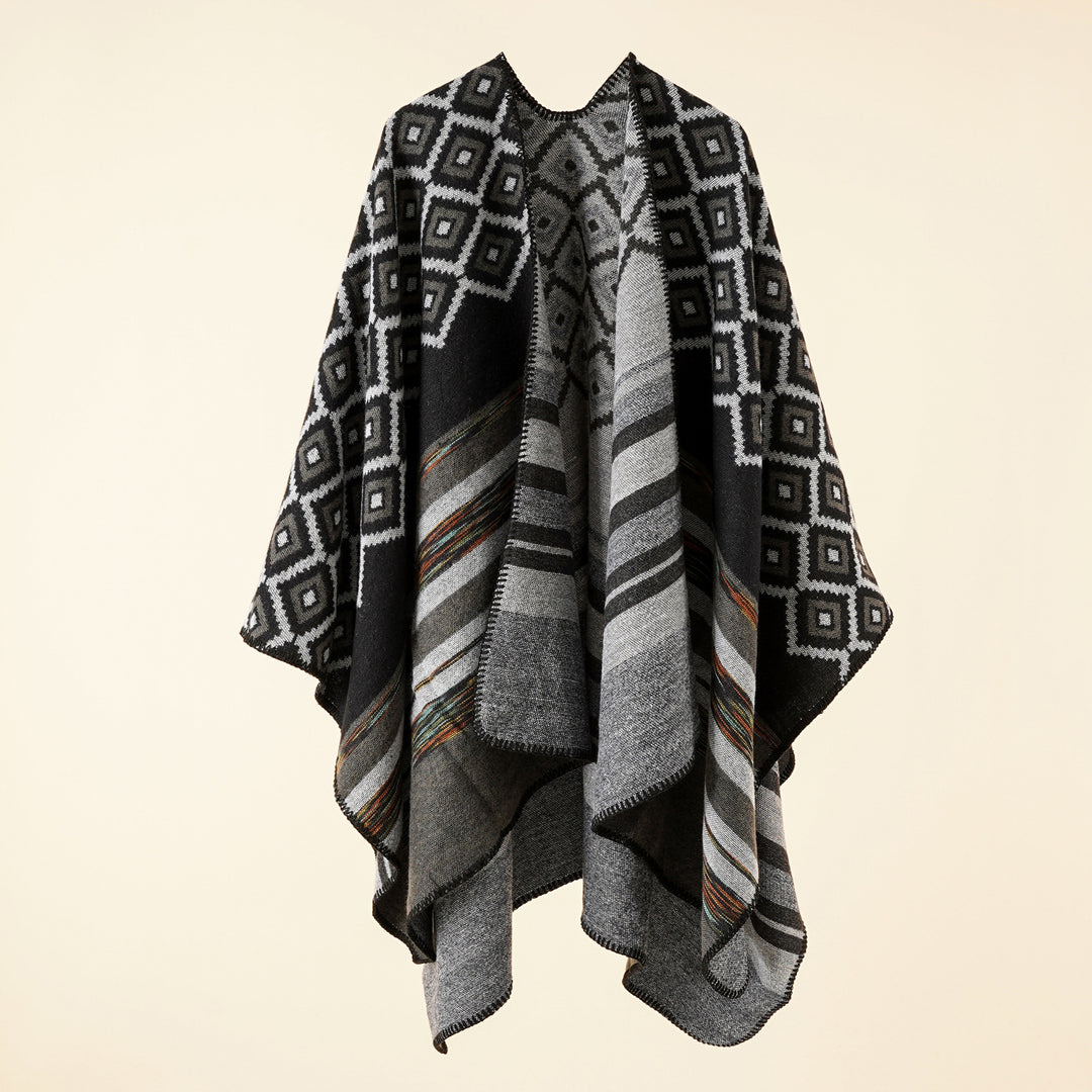 Damen Jacquard-Überwurf mit geometrischem Quadratmuster und offener Front – Avérine