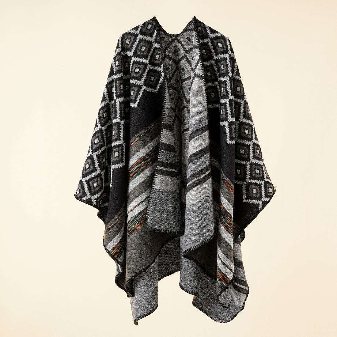 Damen Jacquard-Überwurf mit geometrischem Quadratmuster und offener Front – Avérine