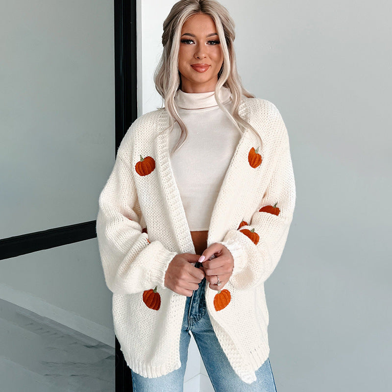 Damen Kuscheliger Oversize-Strickcardigan mit Kürbis‑Stickerei Echoarchiv
