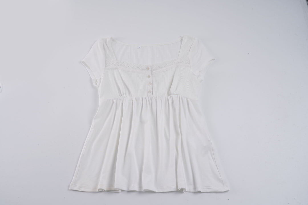 Damen lässiges T-Shirt mit Spitzenverzierung und Knopfdetails Echo Archiv