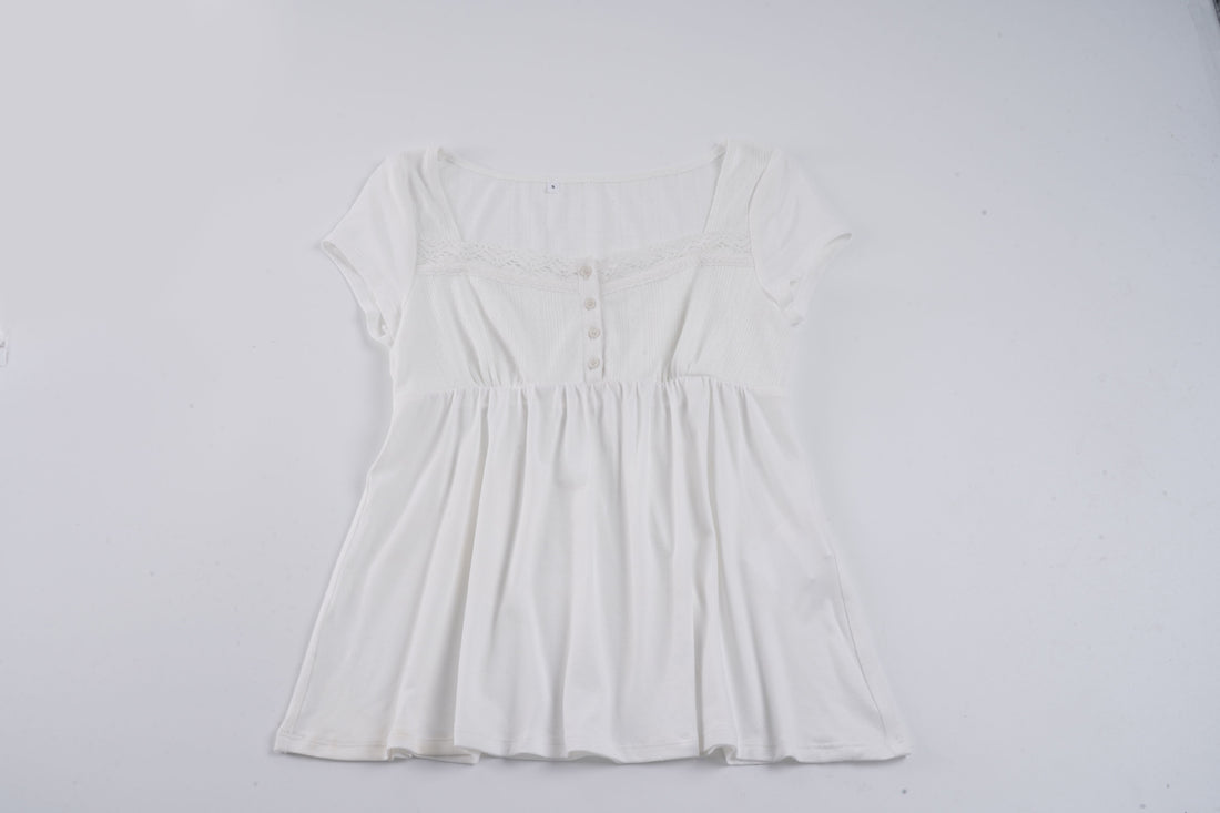Damen lässiges T-Shirt mit Spitzenverzierung und Knopfdetails – Orélia