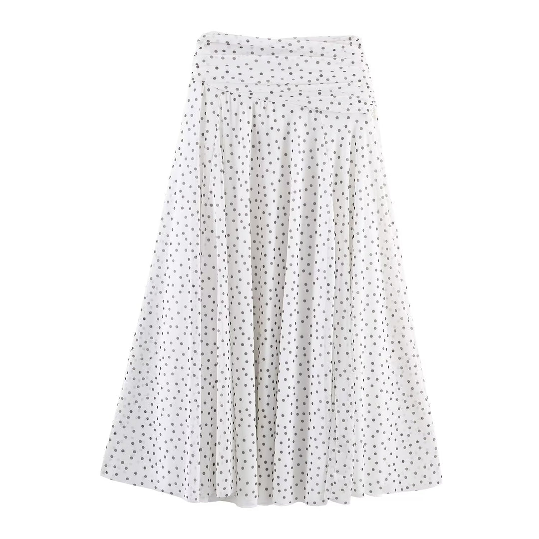 Damen Polka-Dot Midirock mit hohem Bund, A-Linie und mehrlagigem Chiffon Echo Archiv