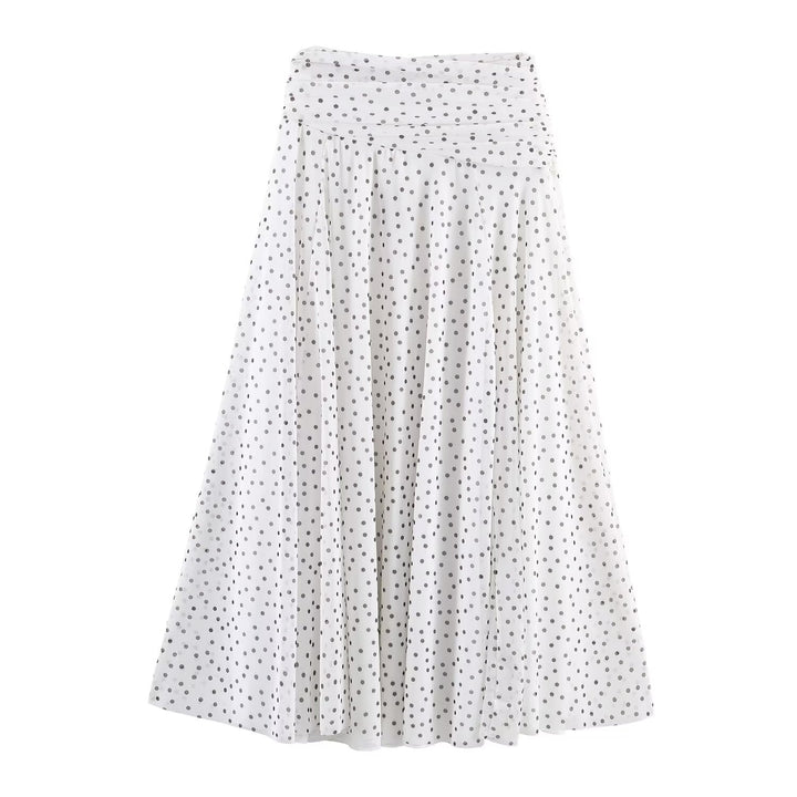 Damen Polka-Dot Midirock mit hohem Bund, A-Linie und mehrlagigem Chiffon Echo Archiv
