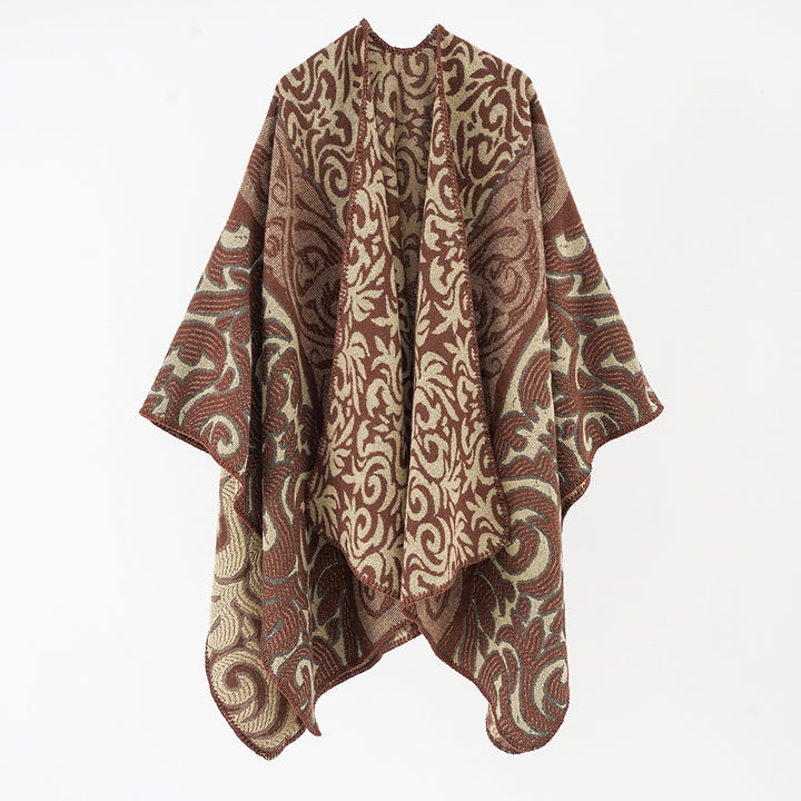 Damen Ornamentaler Jacquard-Capeponcho mit offenem Fall und kastiger Silhouette Echo Archiv