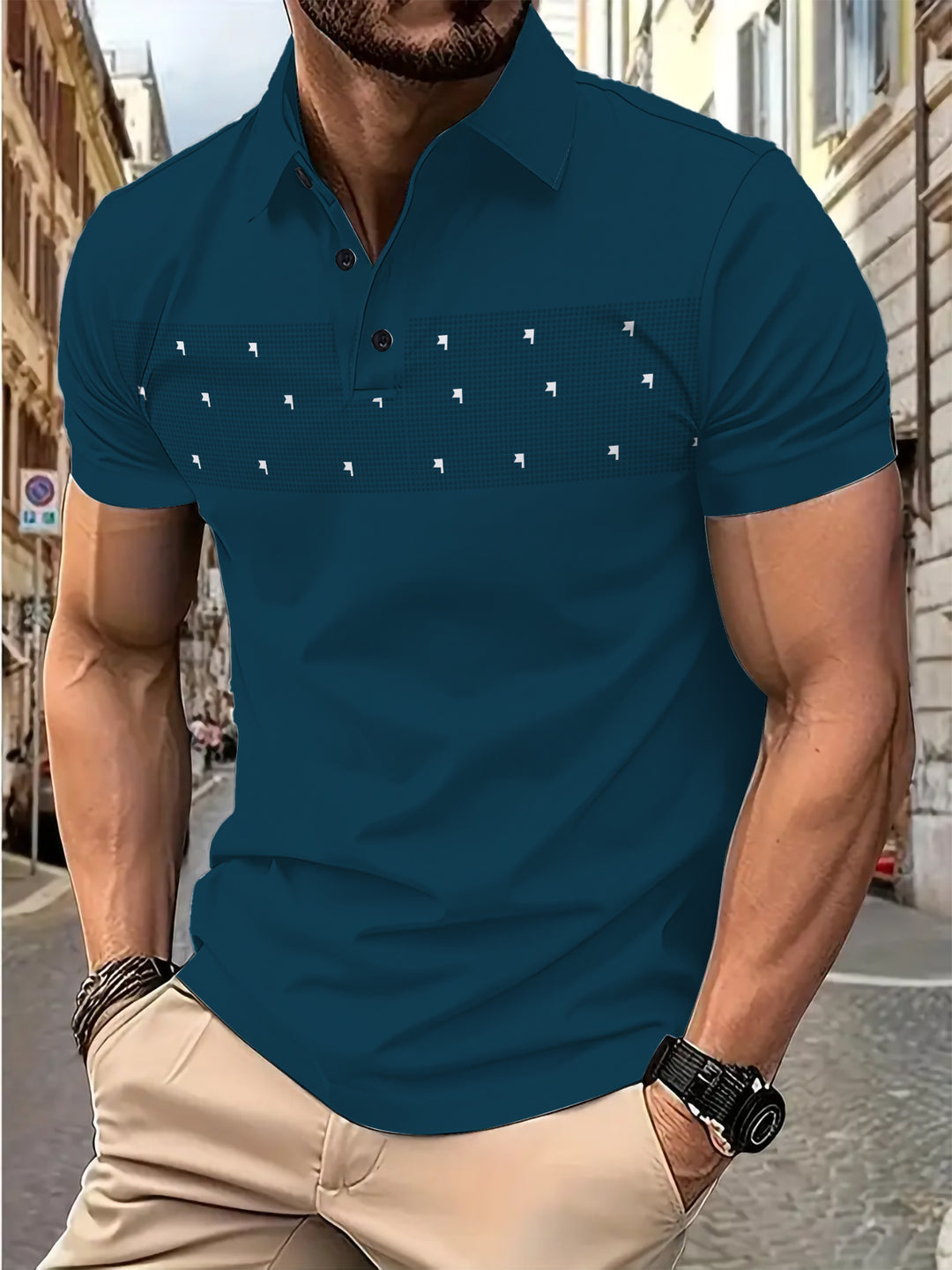 Herren Poloshirt mit modernem grafischen Muster Echoarchiv
