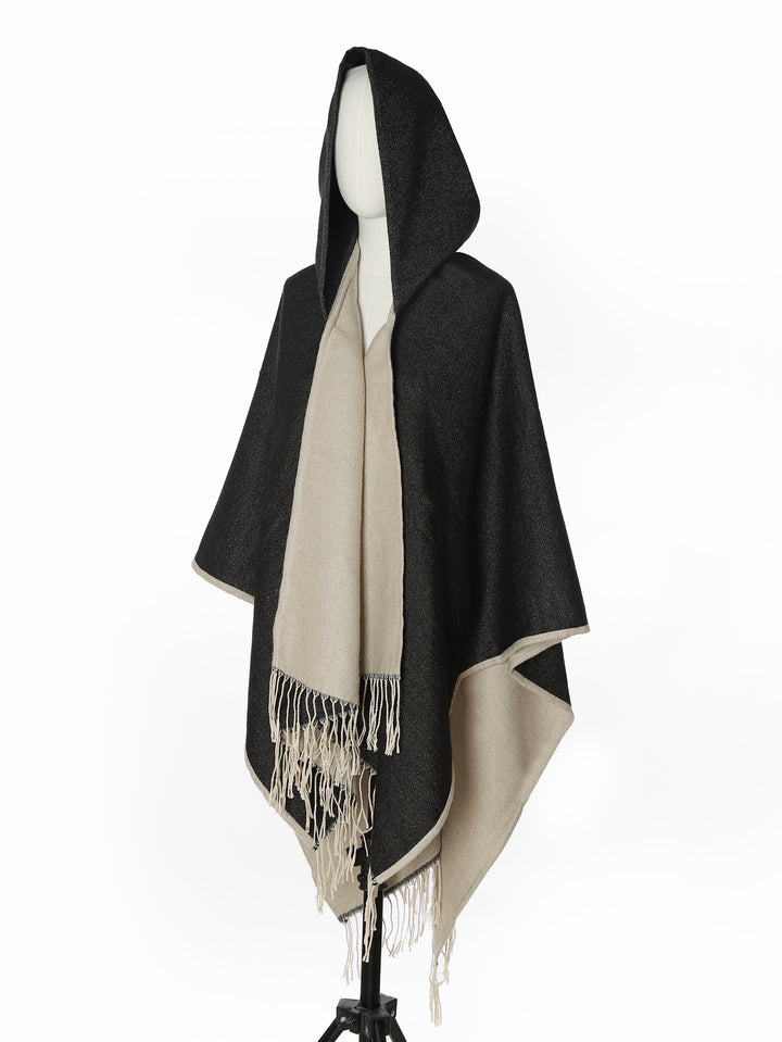 Damen Kapuzencape aus Wollmix mit Wendefunktion und Fransensaum – Montévia