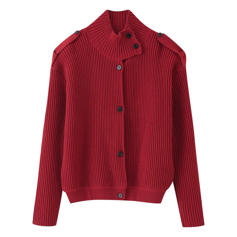 Damen Gerippter Strickcardigan mit Stehkragen und Schulterknopf-Detail Echo Archiv