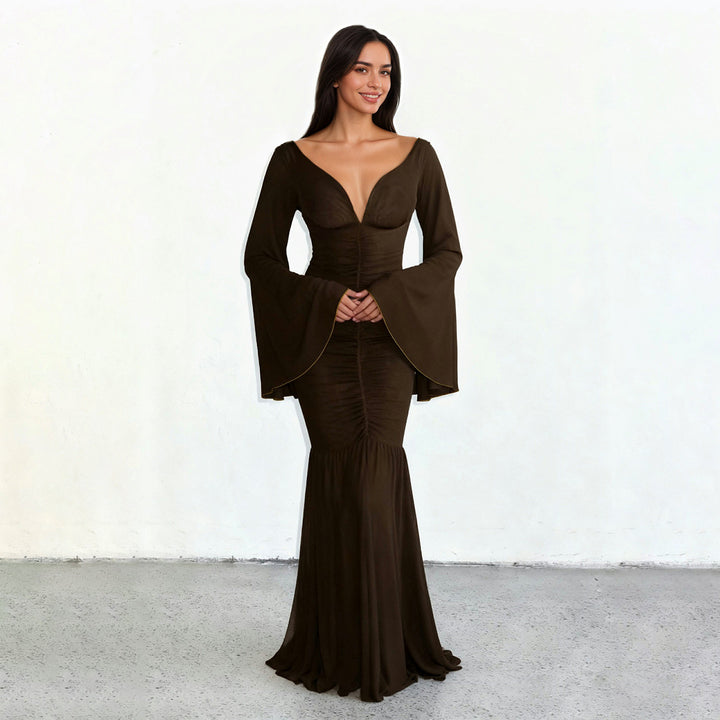 Damen nan gerafftes Maxikleid mit V-Ausschnitt, Trompetenärmeln und Stufenrüsche Echo Archiv