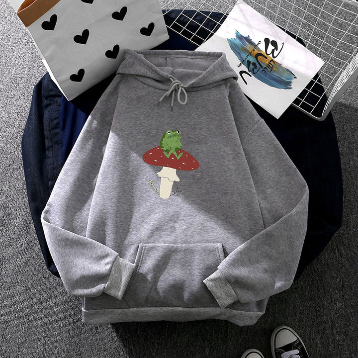 Damen oversized Kapuzenpullover mit Kängurutasche und Frosch‑Pilz-Print – Auréline