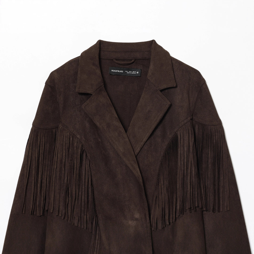 Damen kurze Wildlederjacke mit Reverskragen, kastigem Cropped‑Schnitt und dekorativen Fransen – Célinea