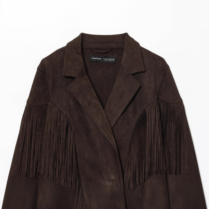 Damen kurze Wildlederjacke mit Reverskragen, kastigem Cropped‑Schnitt und dekorativen Fransen – Célinea