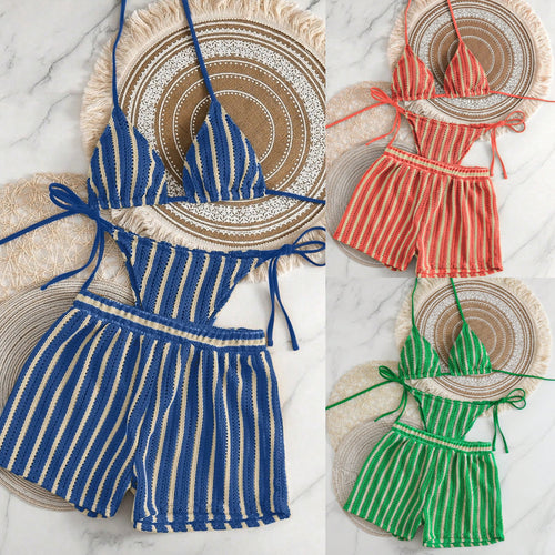 Damen Bikinikombination mit gestreiftem Design und lässigen Shorts Echo Archiv