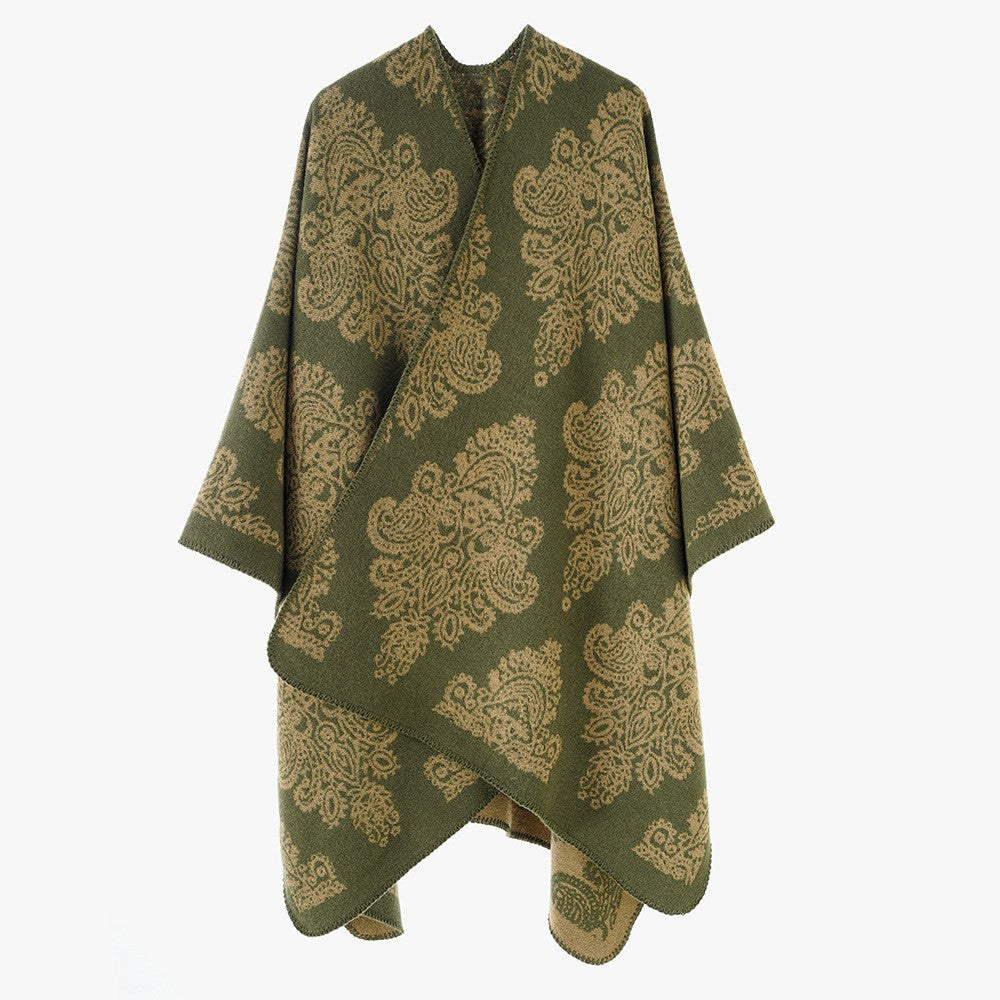 Damen Wollmix-Capeponcho mit beidseitigem Jacquard‑Paisley und kontrastierter Rollkante – Montévia