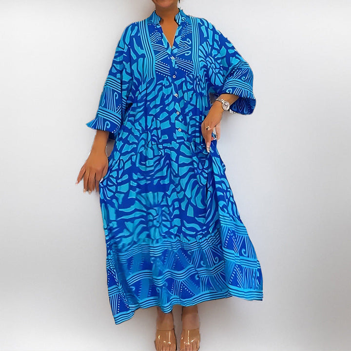 Damen Maxikleid mit Modernem Grafischem Design und Elegantem V-Ausschnitt Echoarchiv
