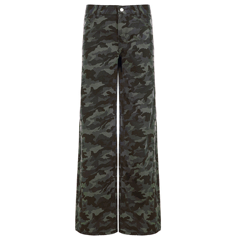 Damen Camouflage-Denim Schlaghose mit hoher Taille und weitem Bein – Avélisse