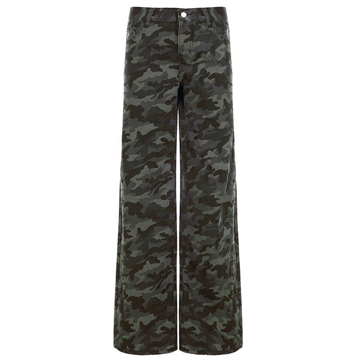 Damen Camouflage-Denim Schlaghose mit hoher Taille und weitem Bein – Avélisse