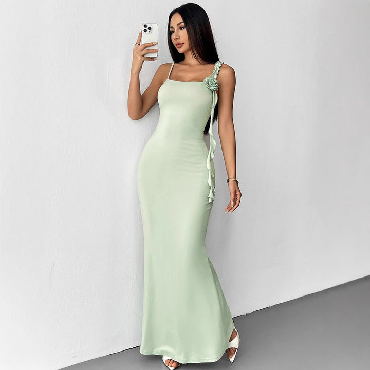 Damen Elegantes Maxikleid mit floralem Necktie und asymmetrischen Rüschen Echo Archiv