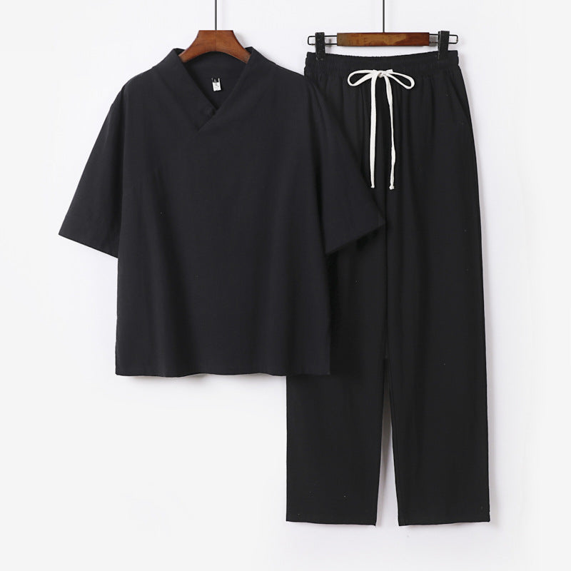 Unisex Leichtes Kimono-Loungewear-Set mit V-Ausschnitt und Tunnelzug-Hose Echoarchiv
