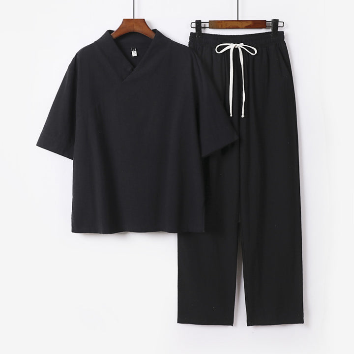 Unisex Leichtes Kimono-Loungewear-Set mit V-Ausschnitt und Tunnelzug-Hose Echoarchiv