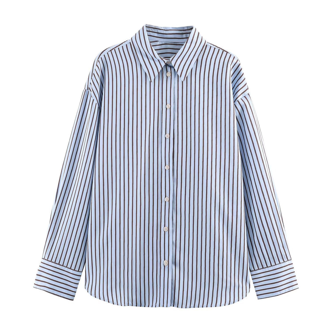 Damen Oversize Gestreifte Hemdbluse mit Kentkragen, durchgehender Knopfleiste und langen Manschetten Echo Archiv