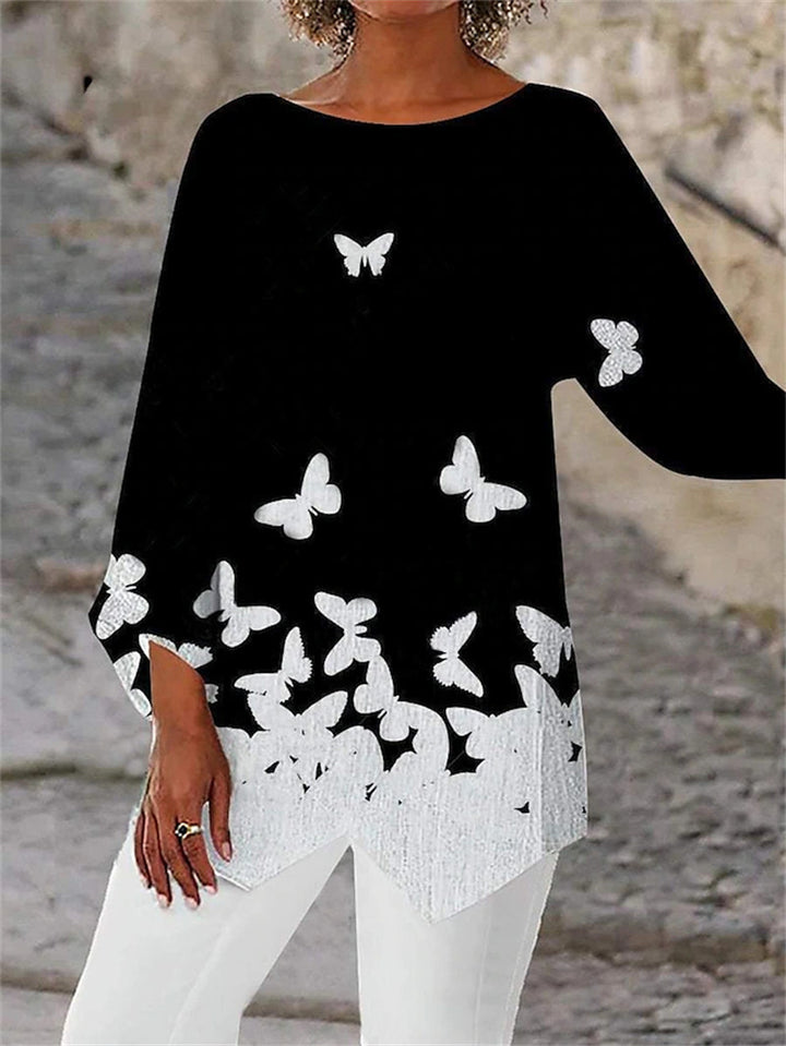 Damen asymmetrisches A-Linien-Tunika mit ornamentalem Druck und spitzem Saum Echoarchiv