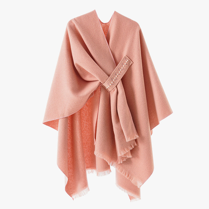 Damen Eleganter Wickel-Umhang aus Wollmischung mit Taillenschärpe und Fransensaum – Avérine