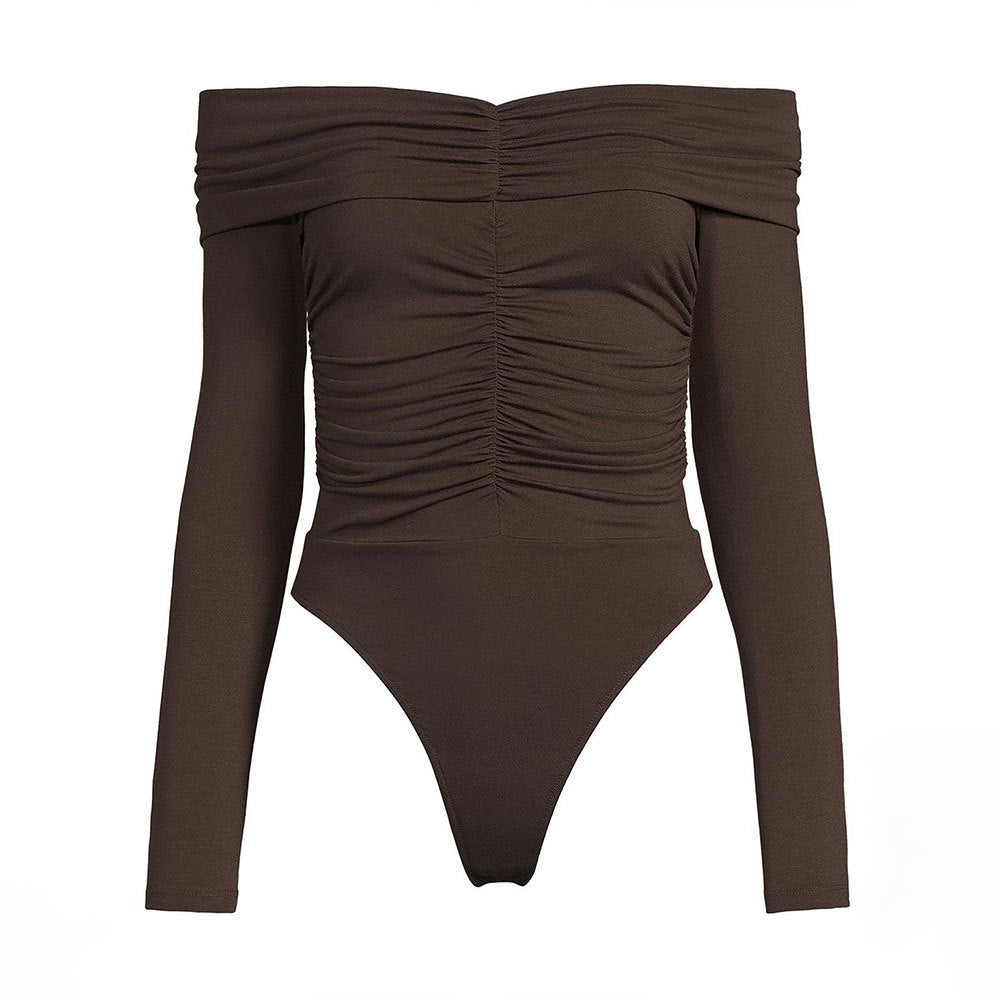 Damen gerafftes Off-Shoulder Langarmtop mit Wasserfallkragen und taillierender Sculpting-Passform – Avérine