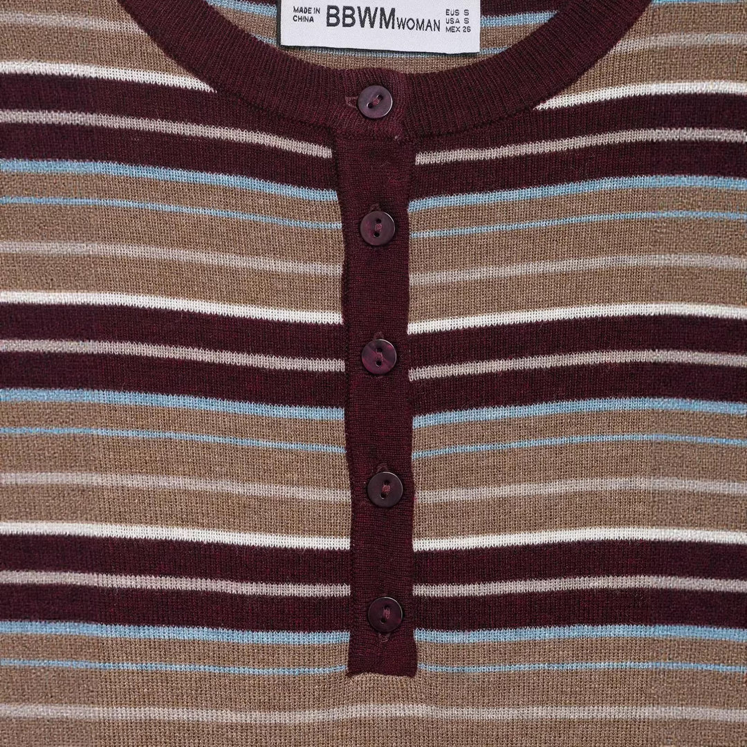 Damen Gestreiftes Feinstrick-Henleyshirt mit Knopfleiste und schlanker Passform Echoarchiv