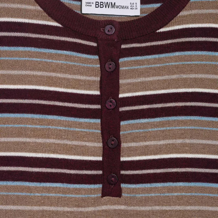 Damen Gestreiftes Feinstrick-Henleyshirt mit Knopfleiste und schlanker Passform Echoarchiv