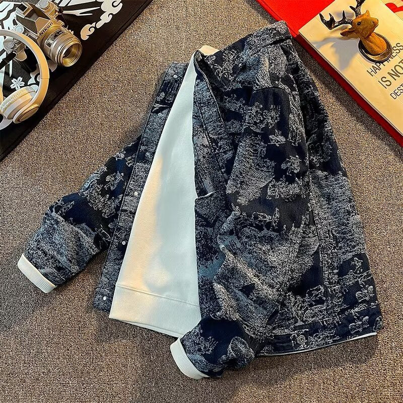 Herren Denimjacke mit kreativem Allover-Print Echoarchiv