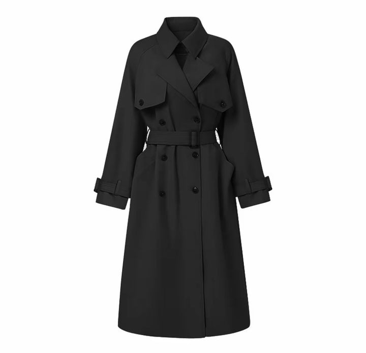 Damen Eleganter Midi-Trenchcoat mit Oversize-Schulterklappe, gerafften Ärmeln und taillierendem Bindegürtel Echoarchiv