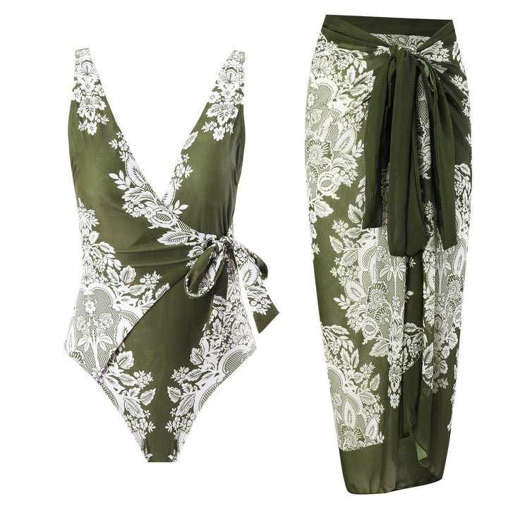 Damen Badeanzug mit modischem Wickelrock und floralem Design Echo Archiv