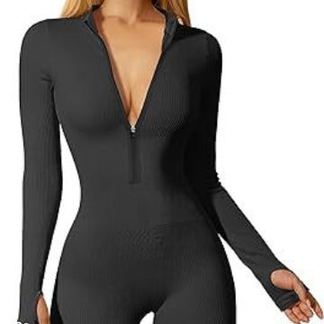 Damen nan figurbetonter Ripp-Jumpsuit mit hohem Halsausschnitt, langem Arm und sculptender Nahtführung Echo Archiv