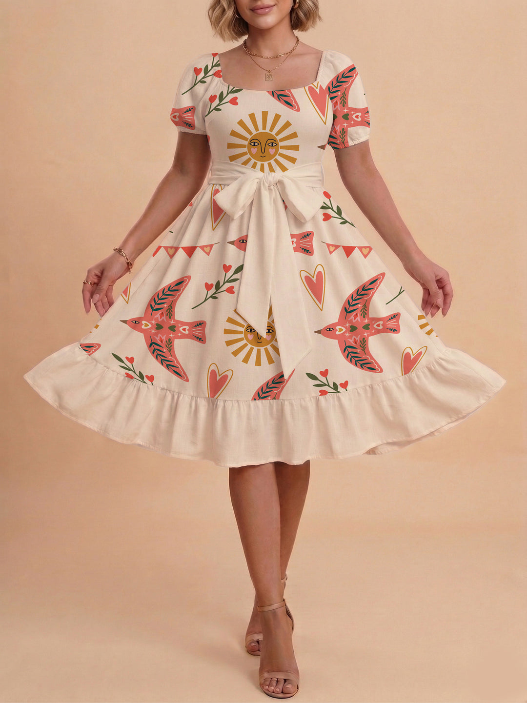 Damen Sommerliches Blumenkleid mit taillierbarem Gürtel und voluminösen Ärmeln Echo Archiv
