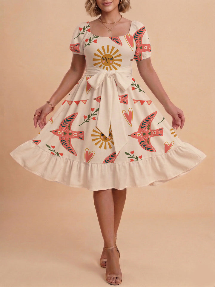 Damen Sommerliches Blumenkleid mit taillierbarem Gürtel und voluminösen Ärmeln Echo Archiv