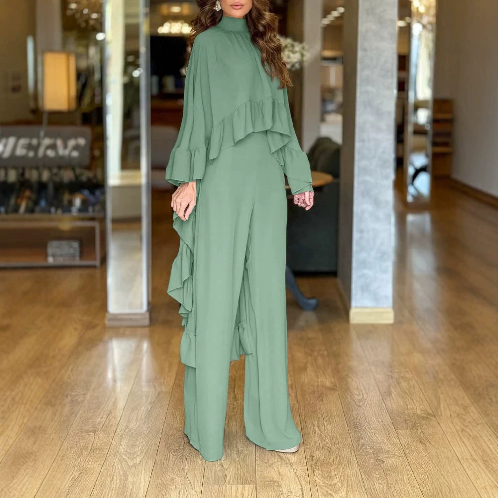 Damen Eleganter Overall mit Cape-Volant und weitem Palazzohosenbein – Solévia