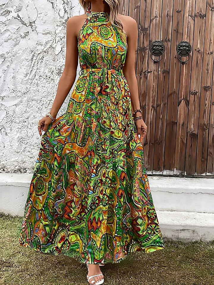 Damen Maxikleid Im Boho-Stil mit Hohem Kragen und Bindegürtel Echoarchiv
