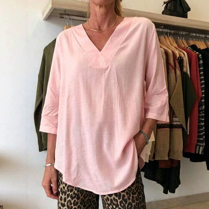 Damen Leichte Oversize V-Ausschnitt Tunika in Leinenoptik mit dreiviertel Ärmeln und abgerundetem Saum – Avérine
